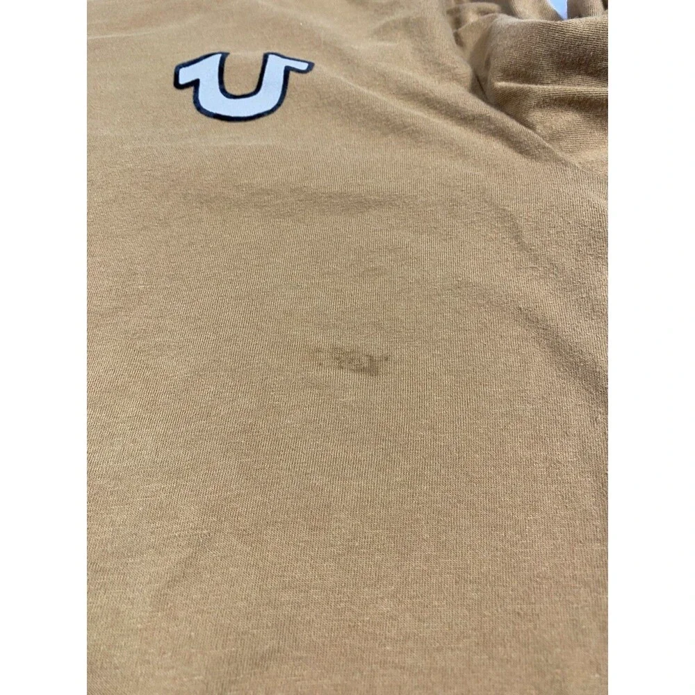 True Religion T Shirt Mens LARGE Orange Long Sleeve Crew Neck Graphic Print Logo